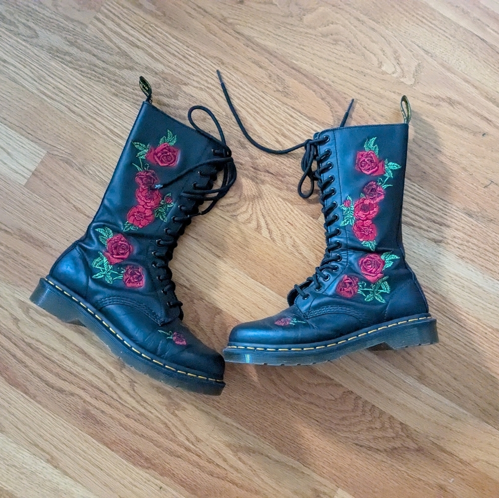 Rose Embroidery Doc martens Combat Boots With Zipper Detailing